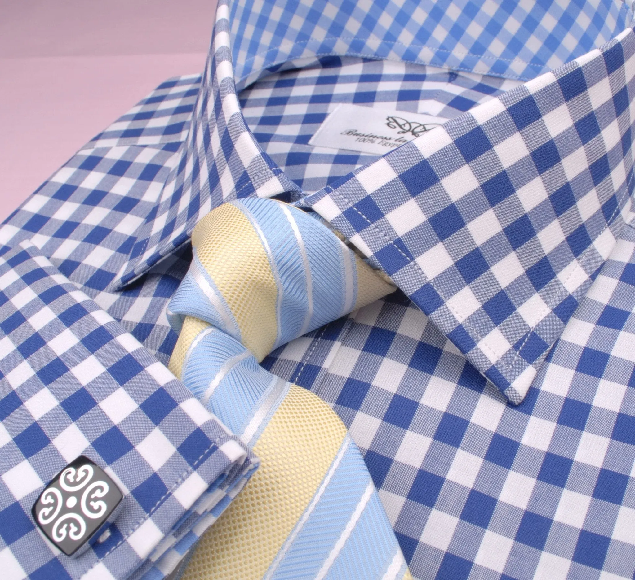 Big Blue Gingham Check Formal Business Dress Shirt Designer Checkered Inner Lining