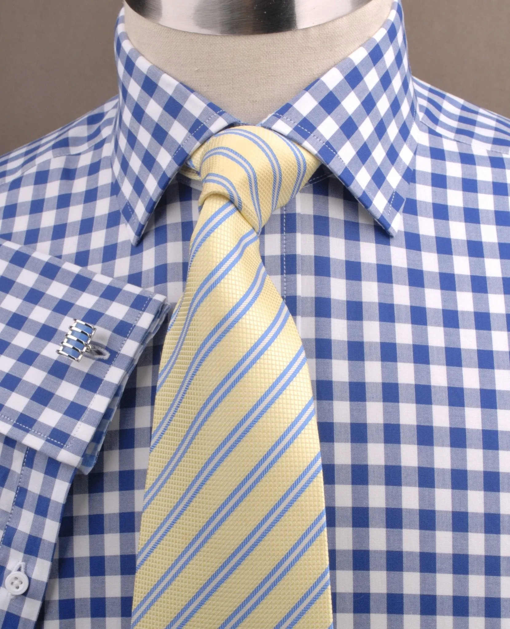 Big Blue Gingham Check Formal Business Dress Shirt Designer Checkered Inner Lining