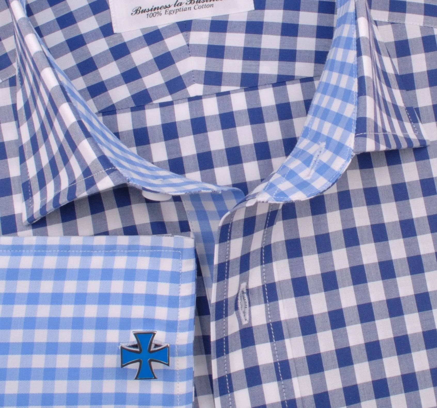 Big Blue Gingham Check Formal Business Dress Shirt Designer Checkered Inner Lining