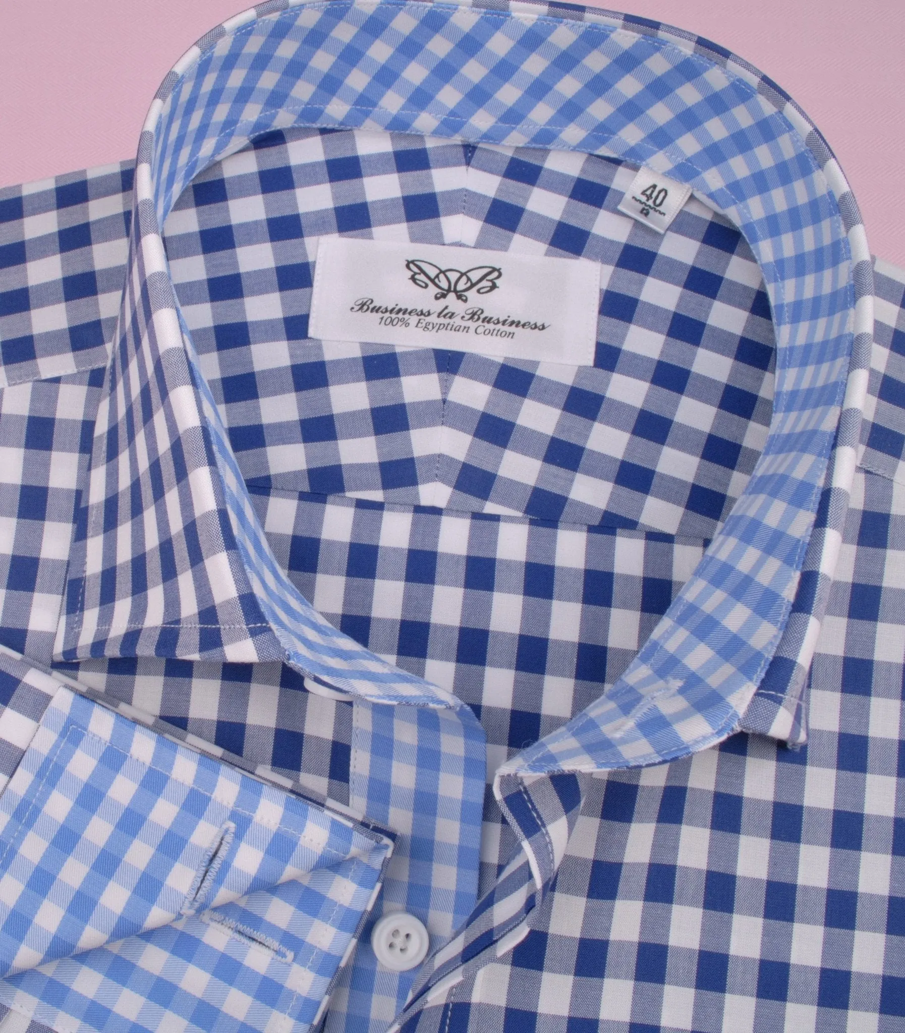 Big Blue Gingham Check Formal Business Dress Shirt Designer Checkered Inner Lining