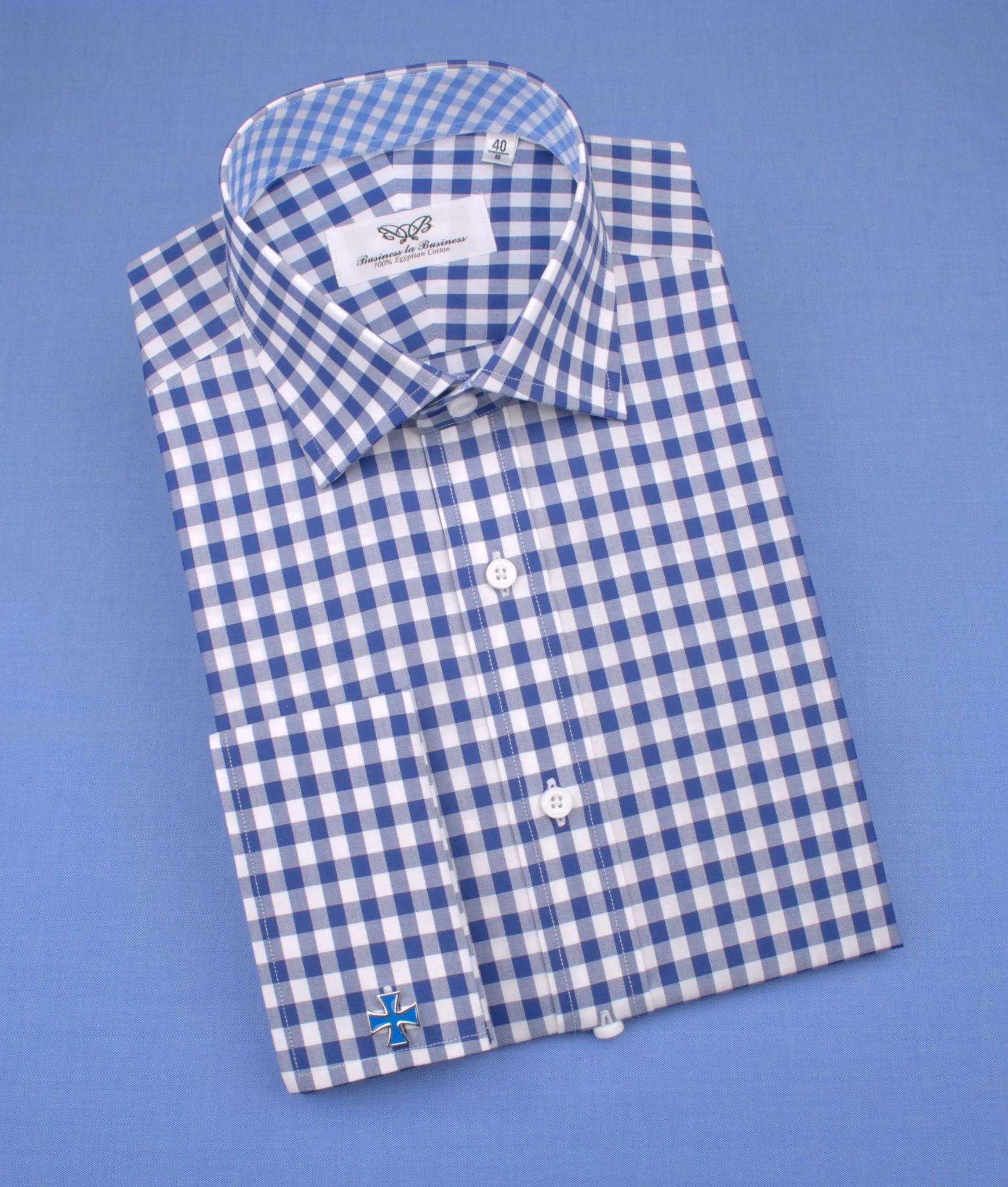 Big Blue Gingham Check Formal Business Dress Shirt Designer Checkered Inner Lining