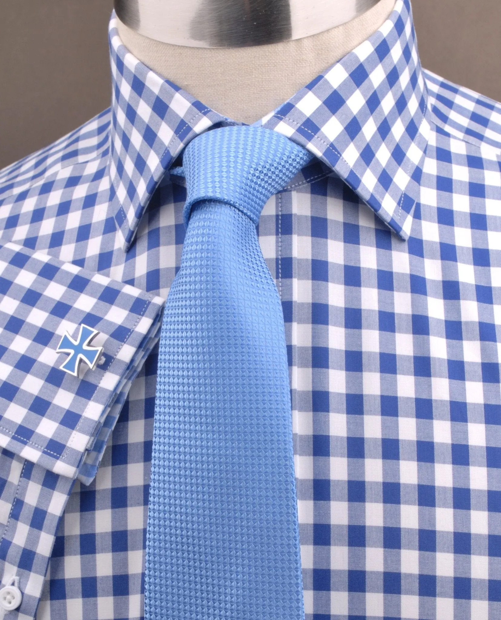 Big Blue Gingham Check Formal Business Dress Shirt Designer Checkered Inner Lining