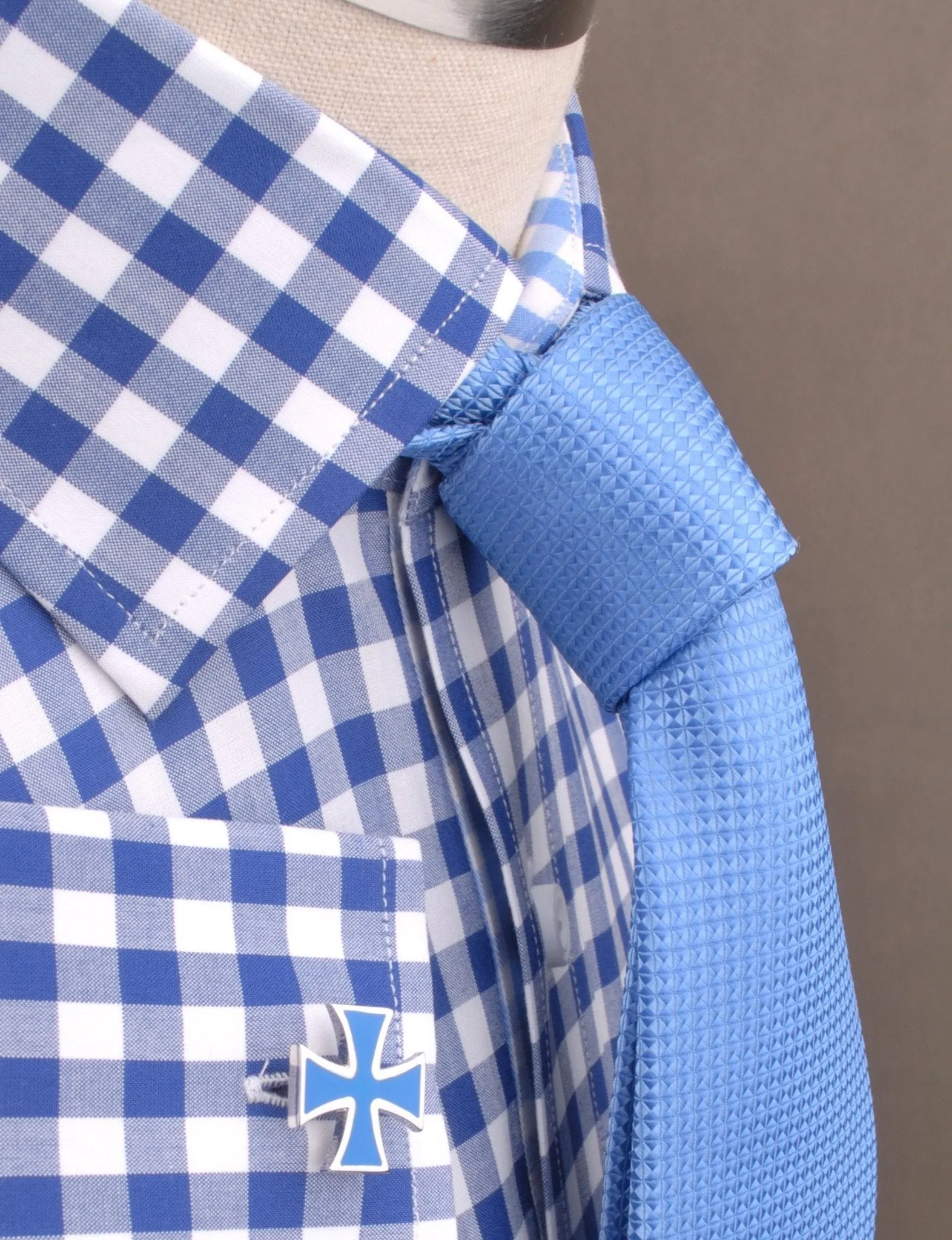 Big Blue Gingham Check Formal Business Dress Shirt Designer Checkered Inner Lining