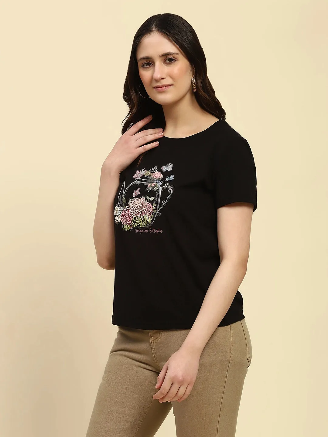 Black 3D Embroidered Modal Blend Relaxed Fit Top