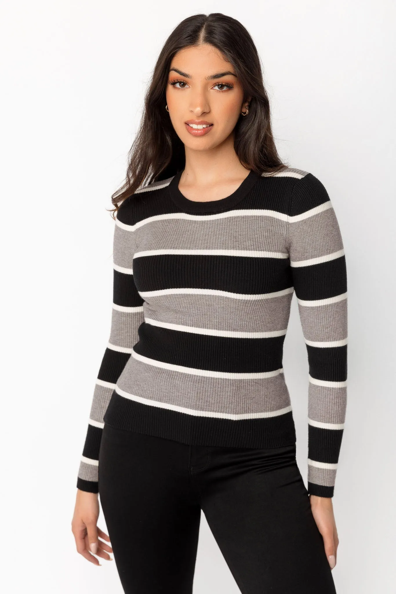 Black and Grey Striped Long-Sleeve Crewneck