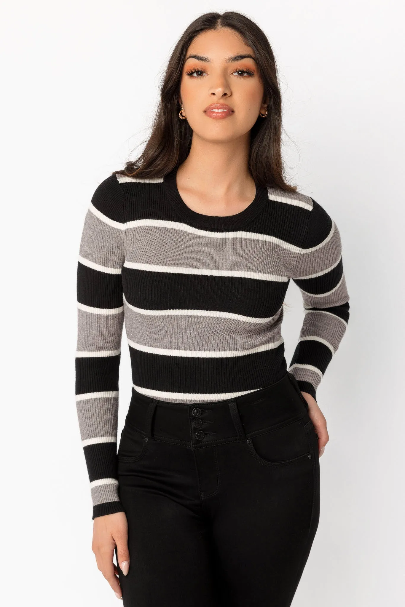 Black and Grey Striped Long-Sleeve Crewneck