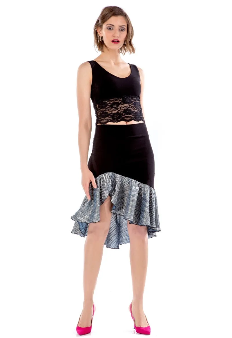 Black Asymmetric Skirt with Rich Silver Ruffles