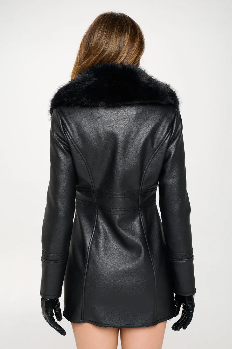 Black Faux Leather Coat With Faux Fur Collar