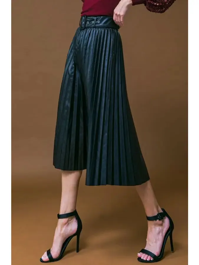 Black Pleated Midi Skirt - Belted