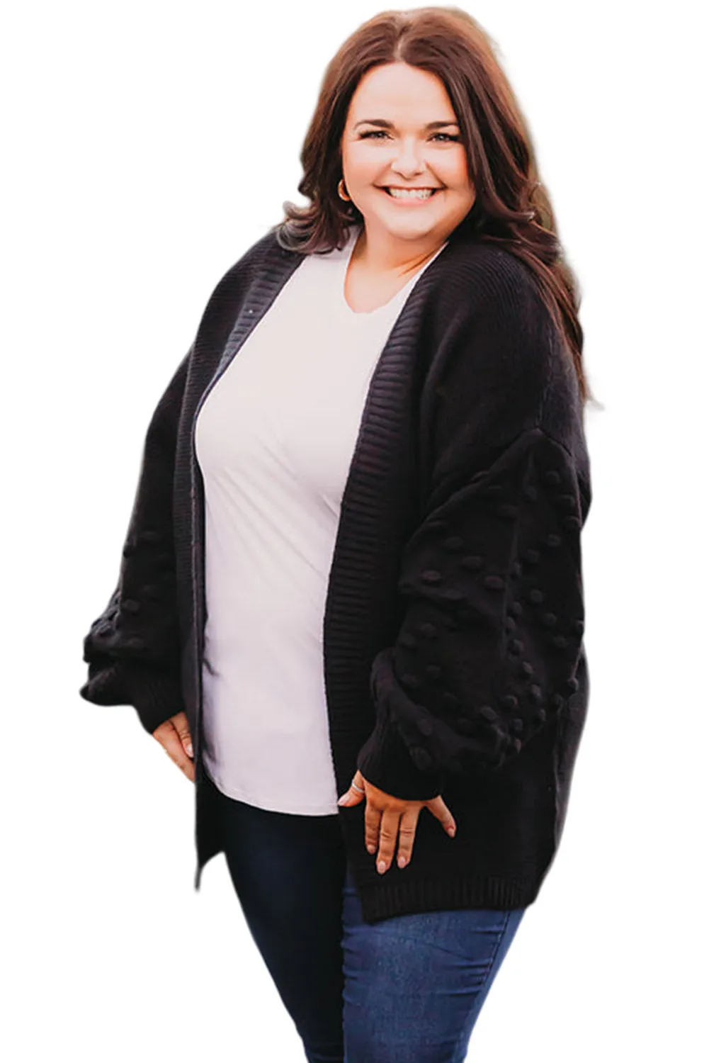 Black Pom Pom Detail Open Front Plus Size Cardigan