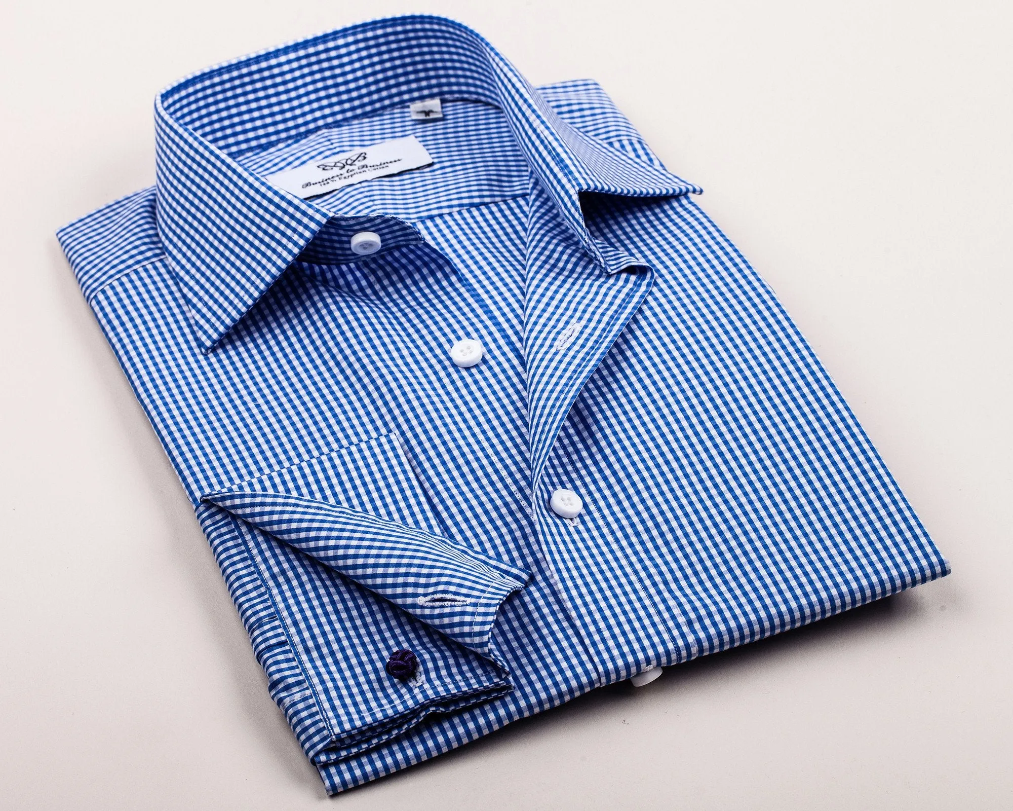 Blue Easy Iron Gingham Check Formal Business Dress Shirt Luxury Designer Fashion