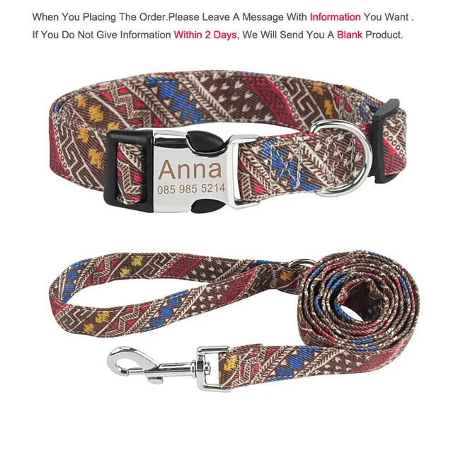 Bohemia Engraved Dog Collar Leash Set