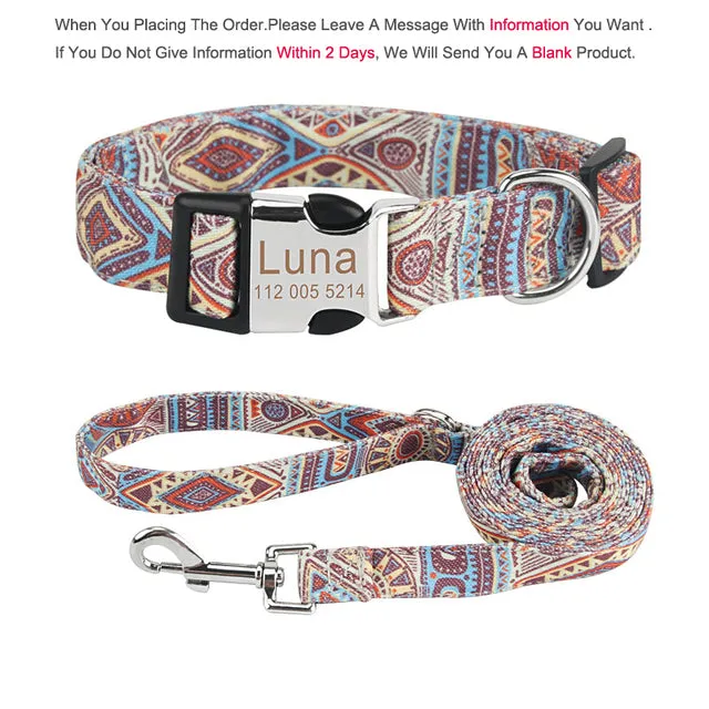 Bohemia Engraved Dog Collar Leash Set