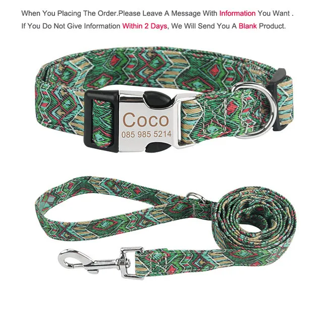 Bohemia Engraved Dog Collar Leash Set