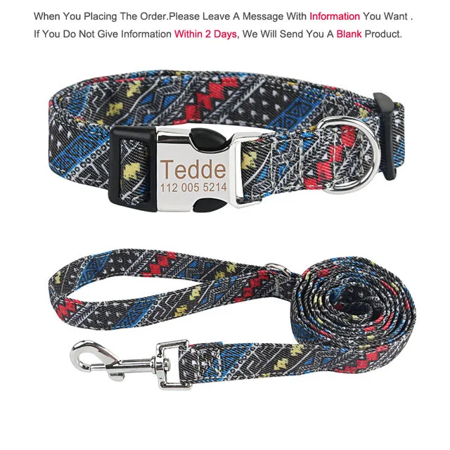 Bohemia Engraved Dog Collar Leash Set