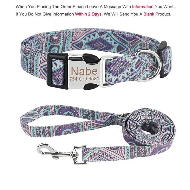 Bohemia Engraved Dog Collar Leash Set