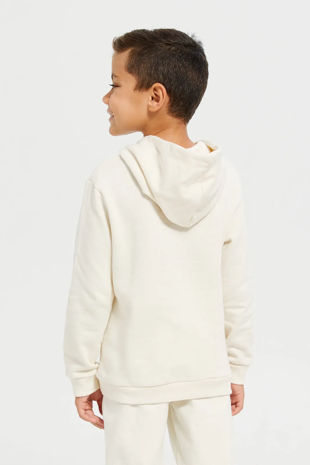 Boys Cream Towel Embroidered With Hooded Sweatshirt