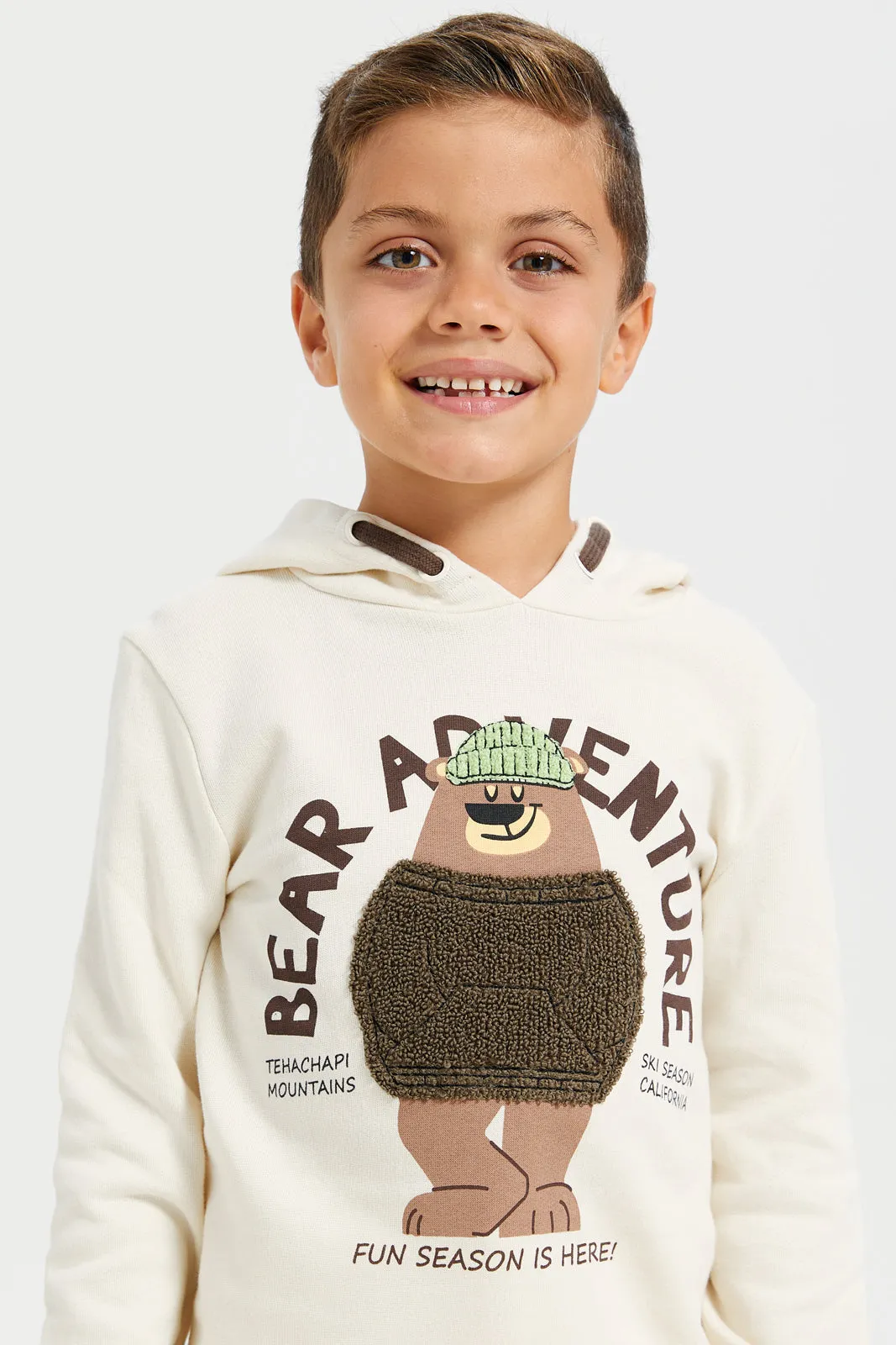 Boys Cream Towel Embroidered With Hooded Sweatshirt