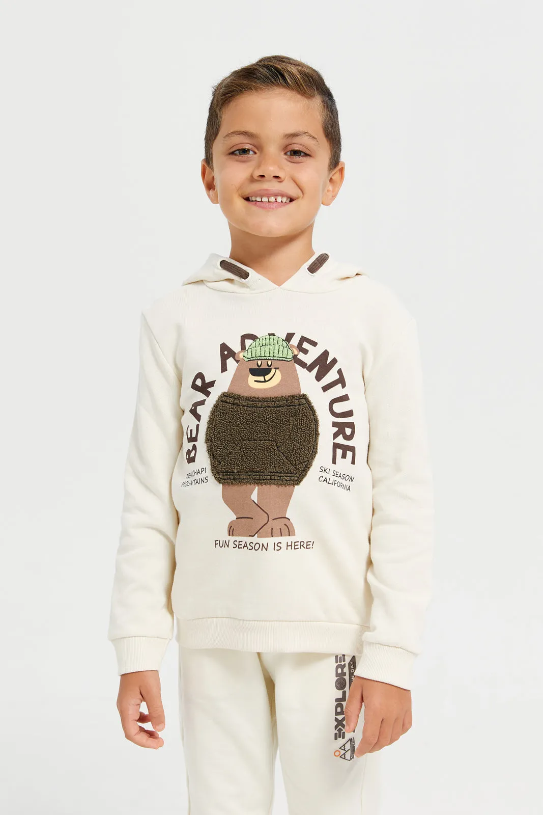 Boys Cream Towel Embroidered With Hooded Sweatshirt