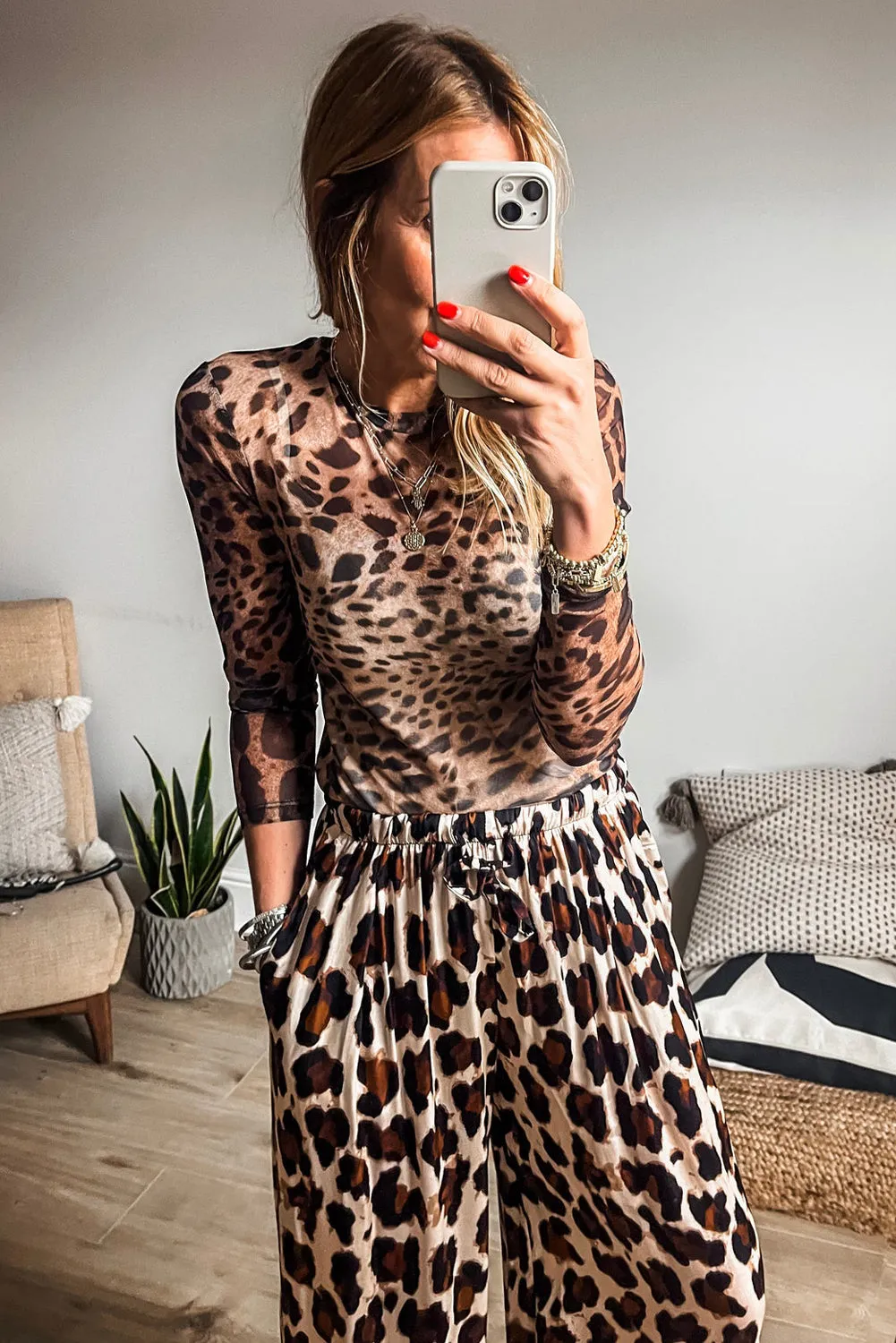 Brown Leopard Round Neck Long Sleeve Slim Top