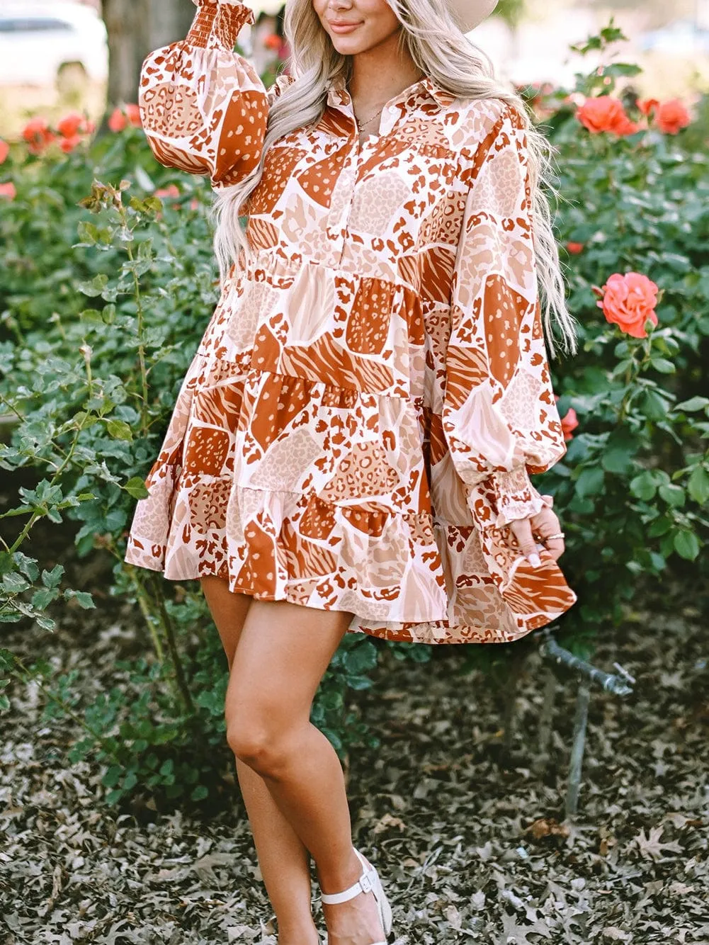 Burnt Orange and Beige Animal Print Mini Dress