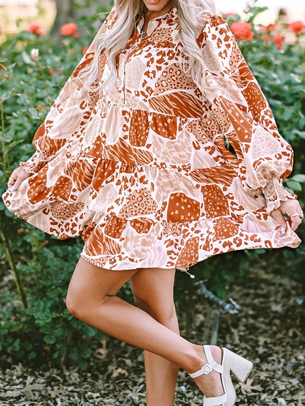 Burnt Orange and Beige Animal Print Mini Dress