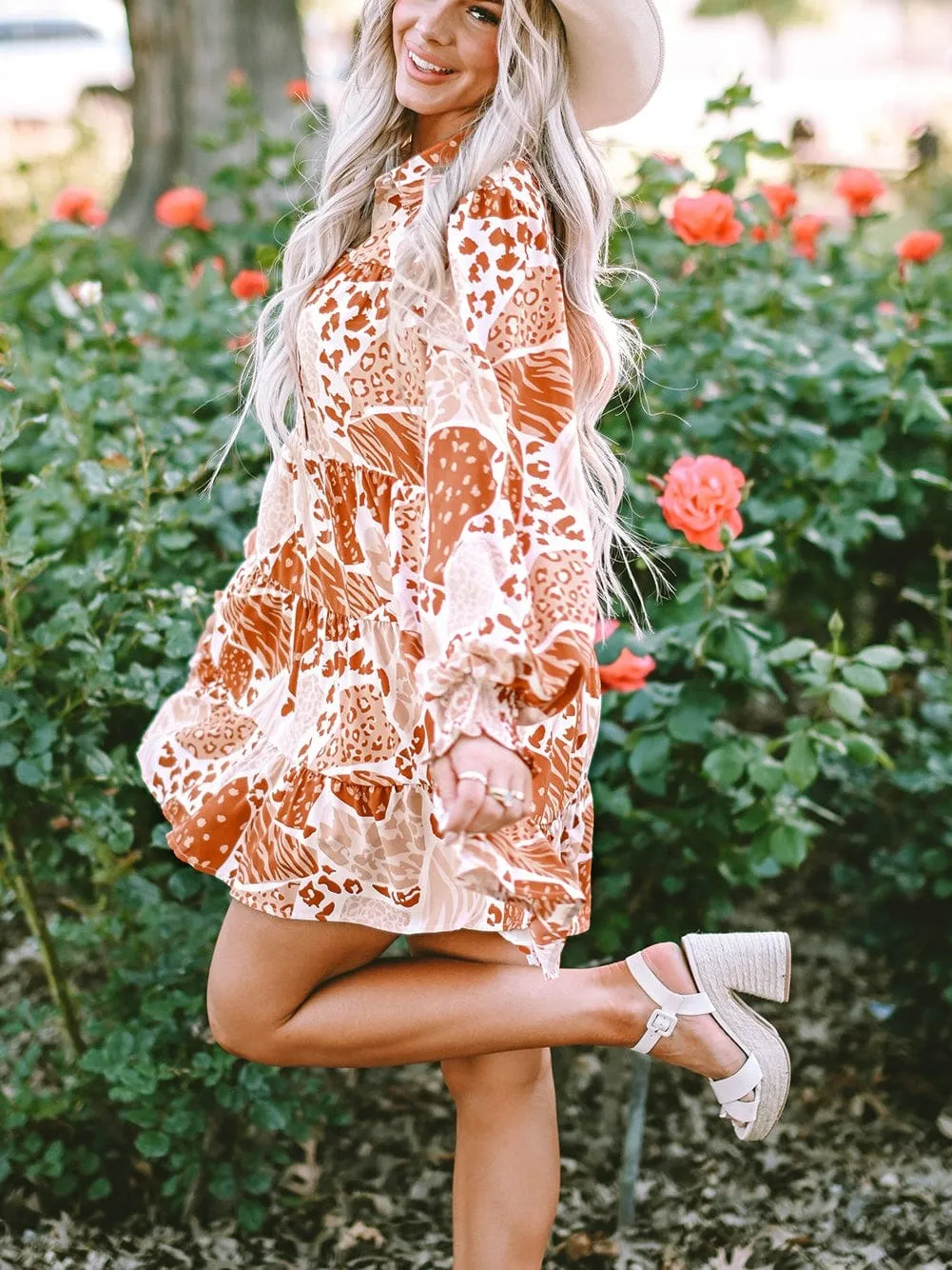 Burnt Orange and Beige Animal Print Mini Dress