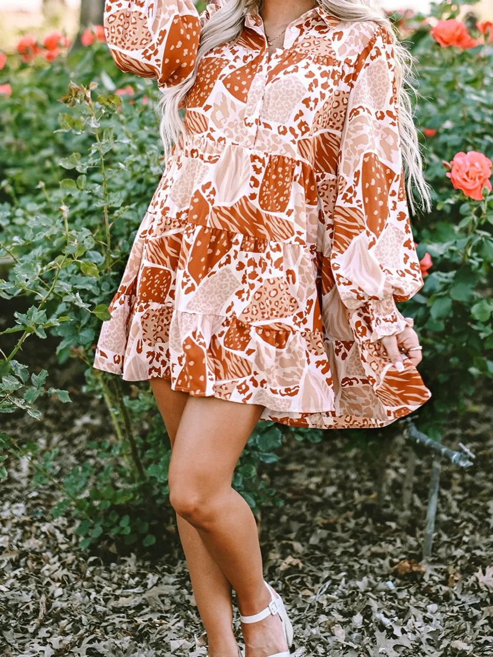 Burnt Orange and Beige Animal Print Mini Dress