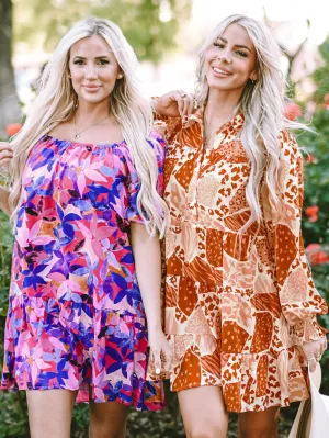 Burnt Orange and Beige Animal Print Mini Dress