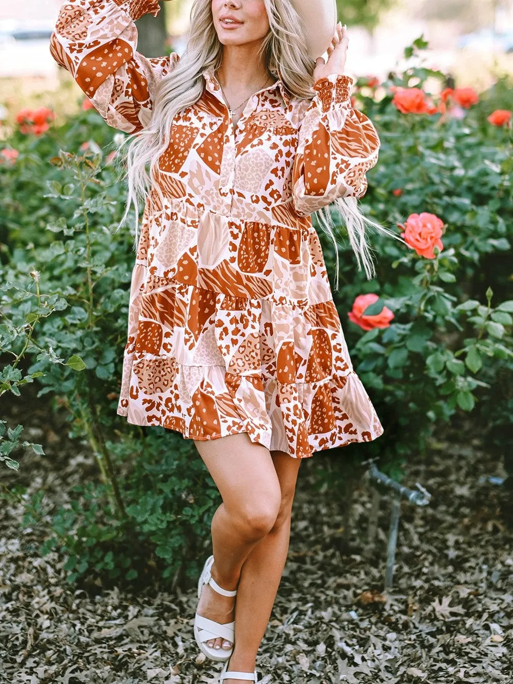 Burnt Orange and Beige Animal Print Mini Dress