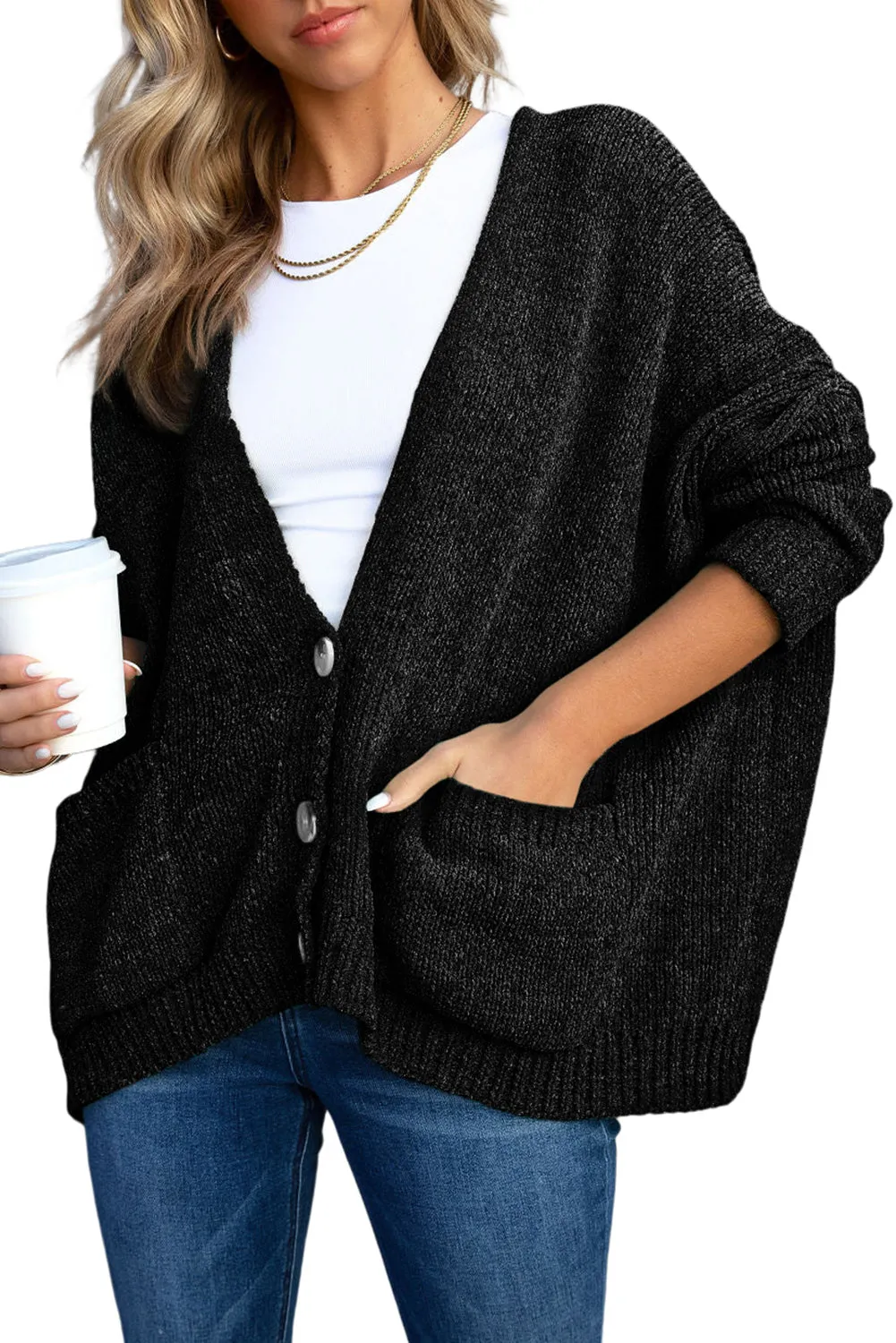 Button Front Pocketed Sweater Cardigan