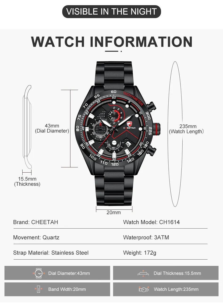 CHEETAH CH1614 CREST - Men's Sophisticated Fashion Watch - Red Hands