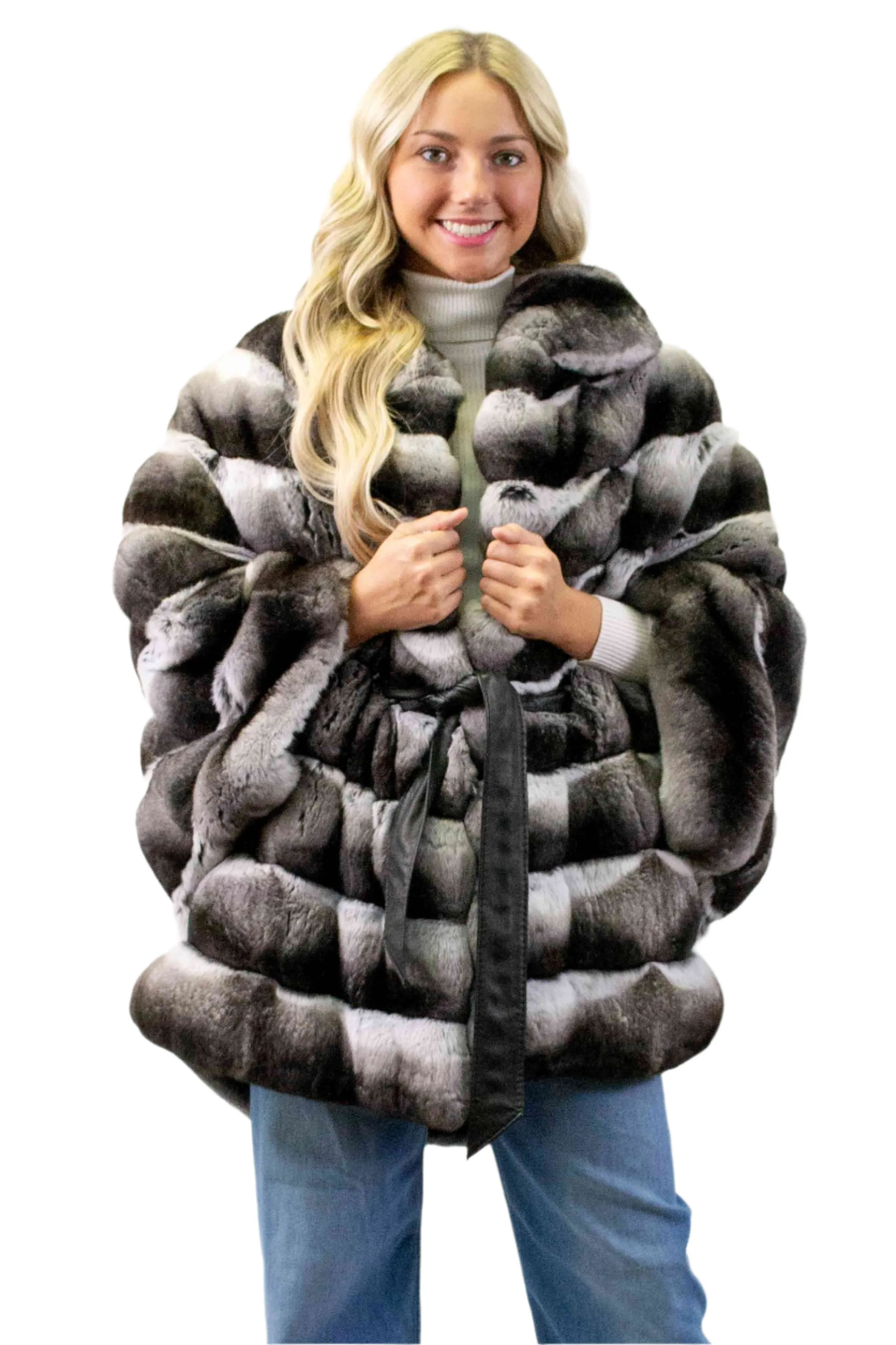 Chinchilla Fur Cape with Leather Belt