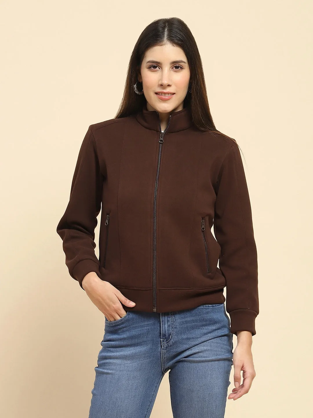 Coffee Brown Poly Blend Solid Relaxed Fit Sweatshirt