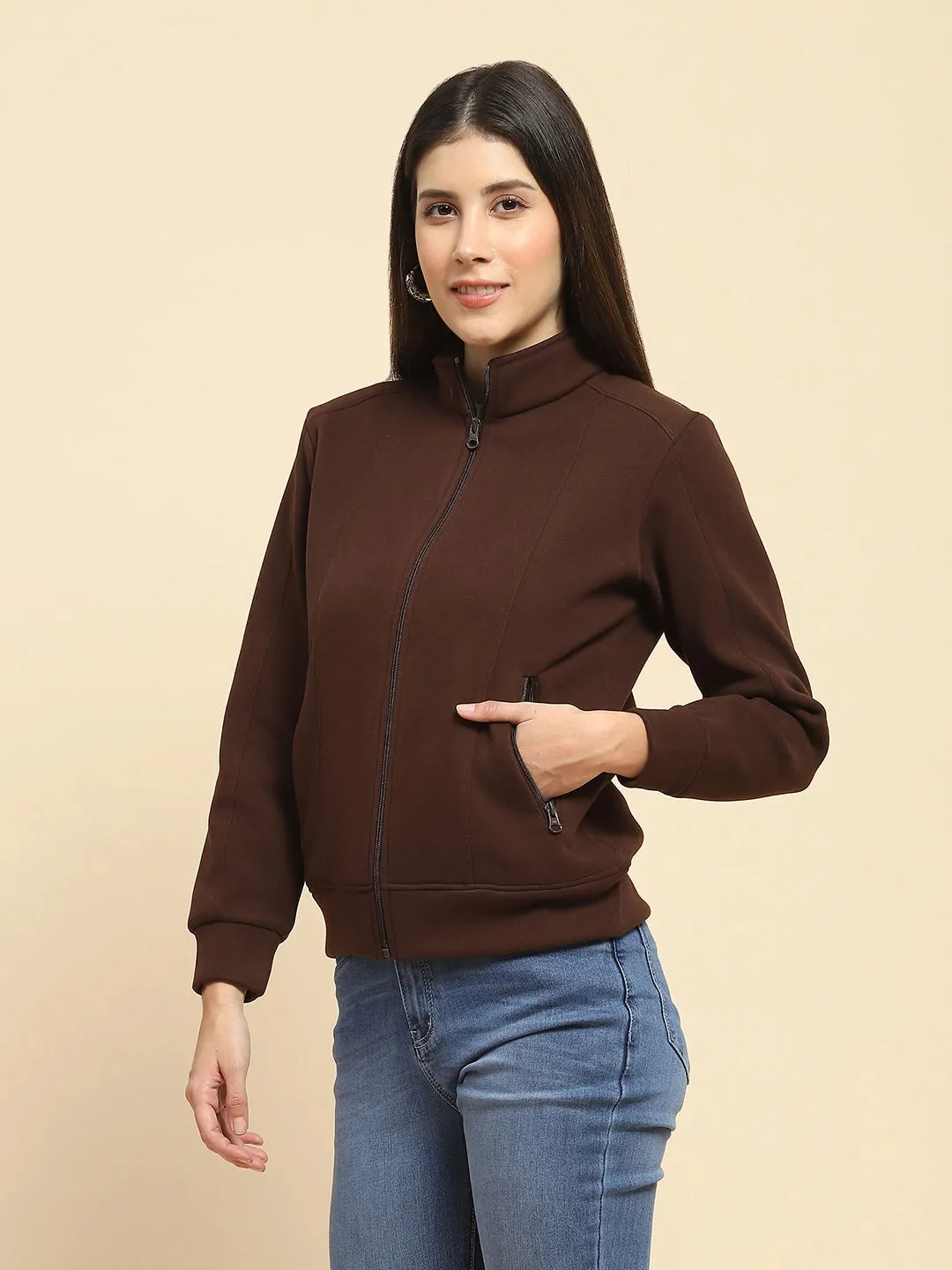 Coffee Brown Poly Blend Solid Relaxed Fit Sweatshirt