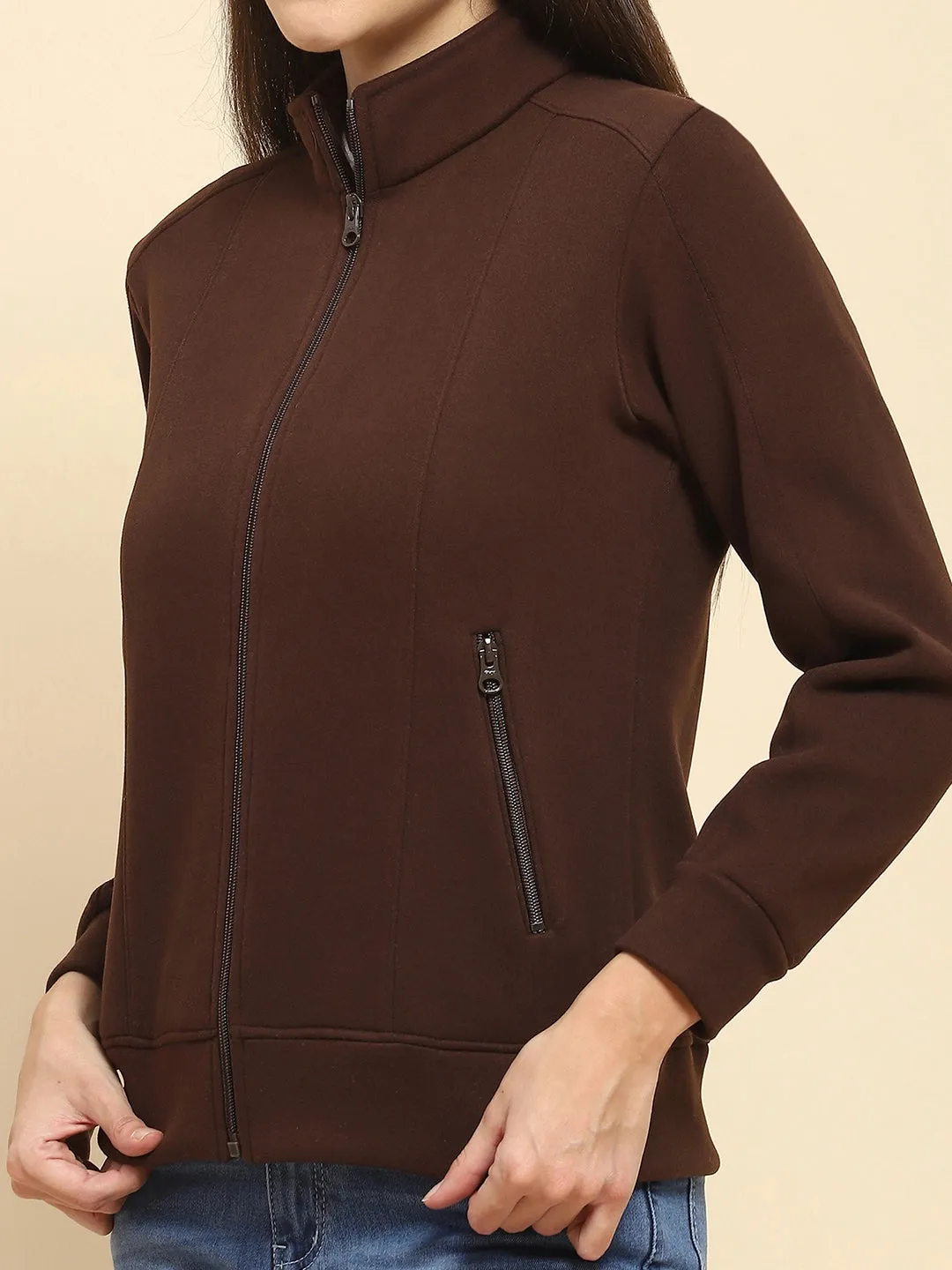 Coffee Brown Poly Blend Solid Relaxed Fit Sweatshirt