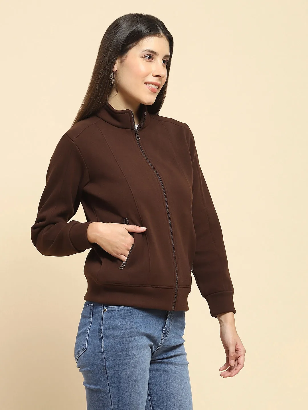 Coffee Brown Poly Blend Solid Relaxed Fit Sweatshirt