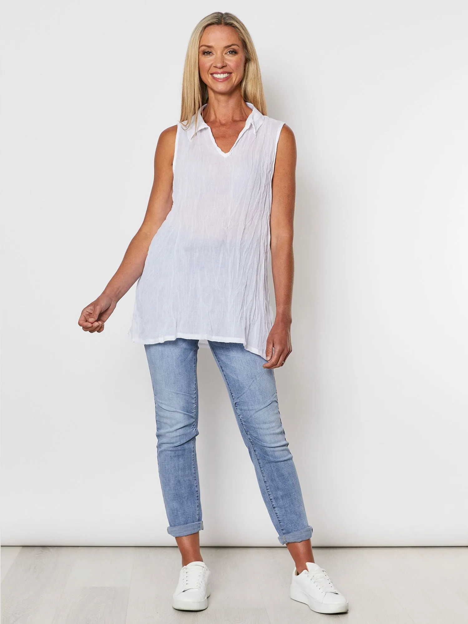 Collared Crushed Layering Top - White