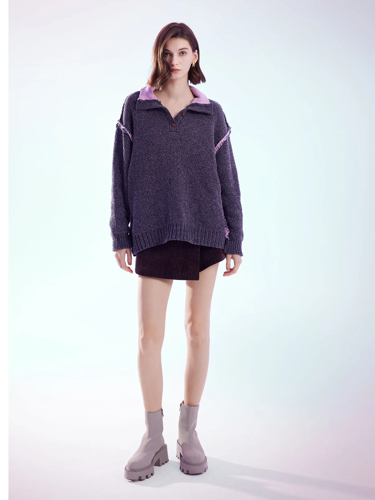 Colorblock Oversize Collared Sweater