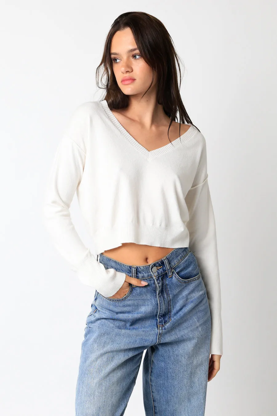 Cropped V-Neck Sweater