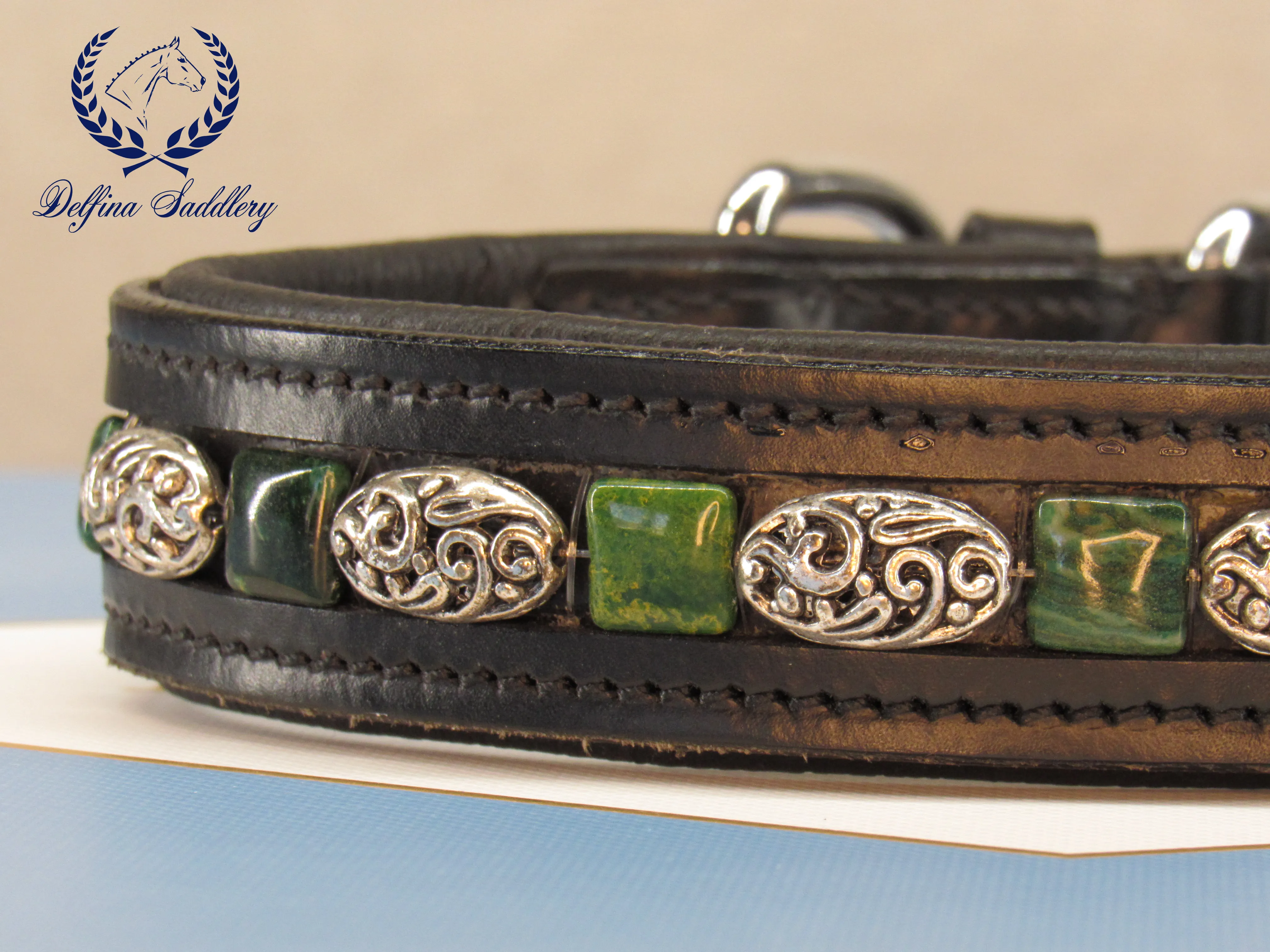 Custom Collar : Green Firestone and Silver Flourish Dog Collar - Large