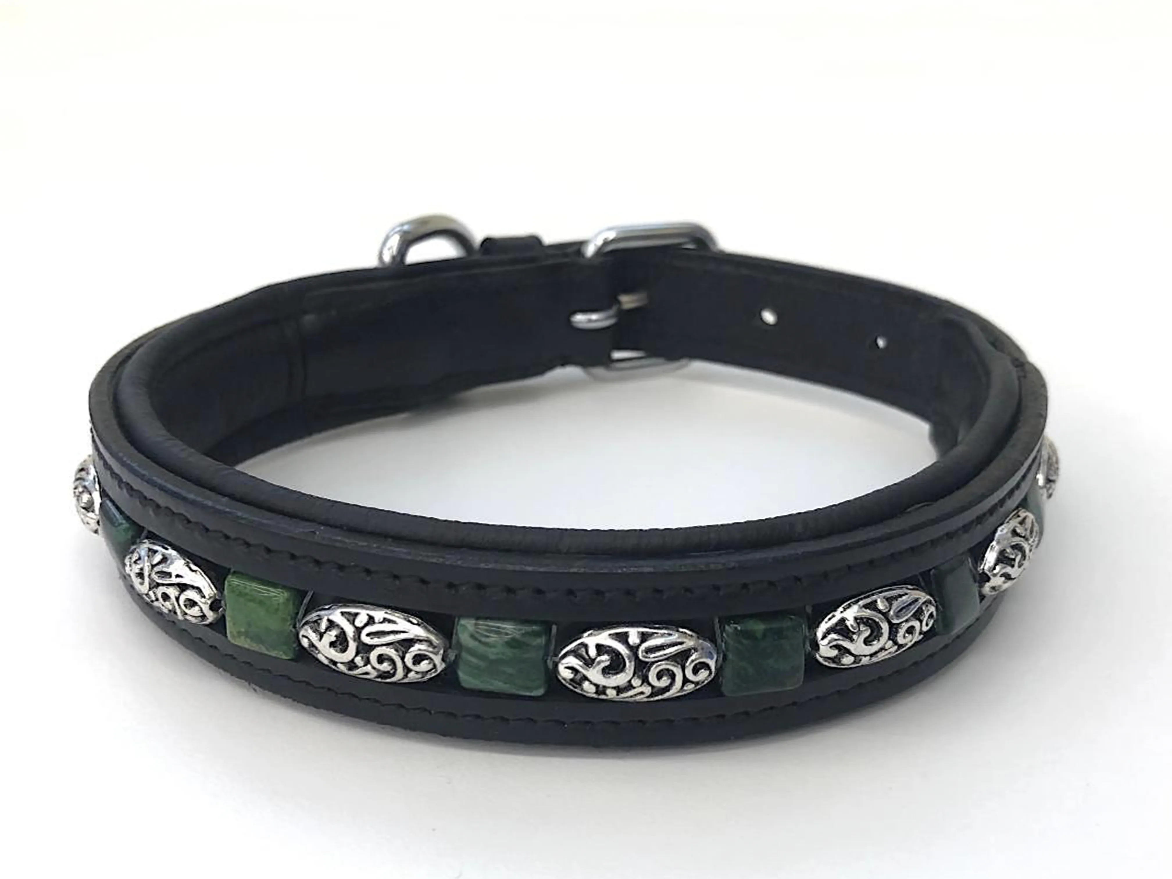 Custom Collar : Green Firestone and Silver Flourish Dog Collar - Large