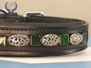 Custom Collar : Green Firestone and Silver Flourish Dog Collar - Large