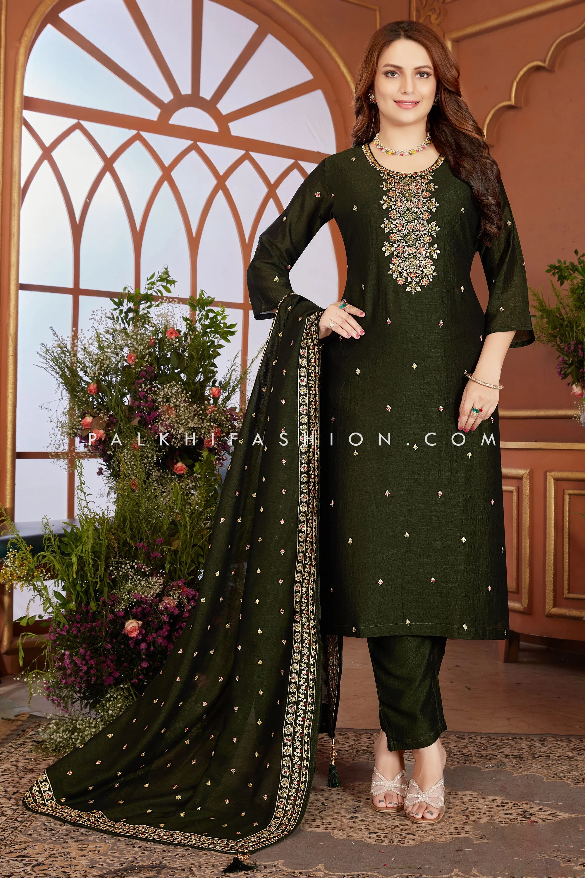 Dark Green Straight-Cut Suit with Sequin & Thread Work