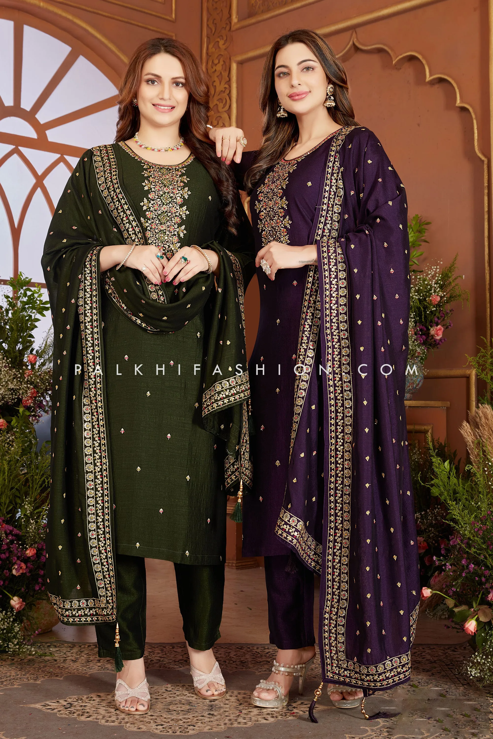 Dark Green Straight-Cut Suit with Sequin & Thread Work