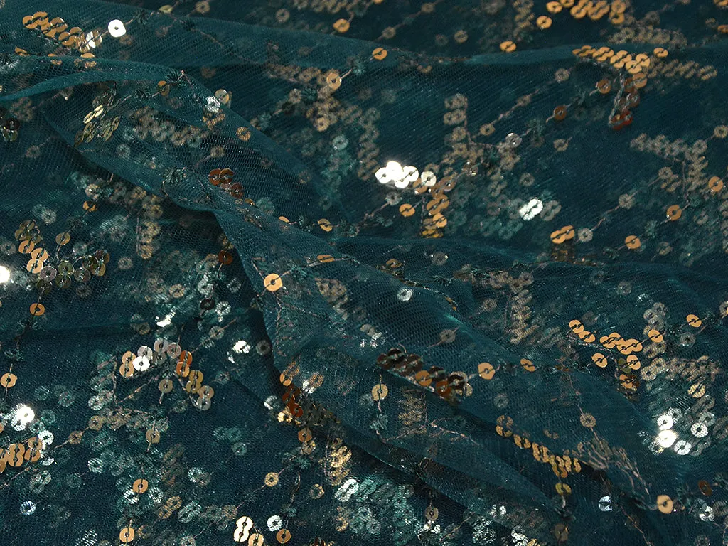 Dark Teal Green Abstract Thread & Sequins Embroidered Net Fabric