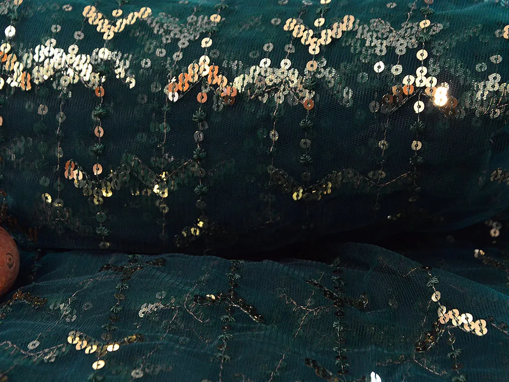 Dark Teal Green Abstract Thread & Sequins Embroidered Net Fabric