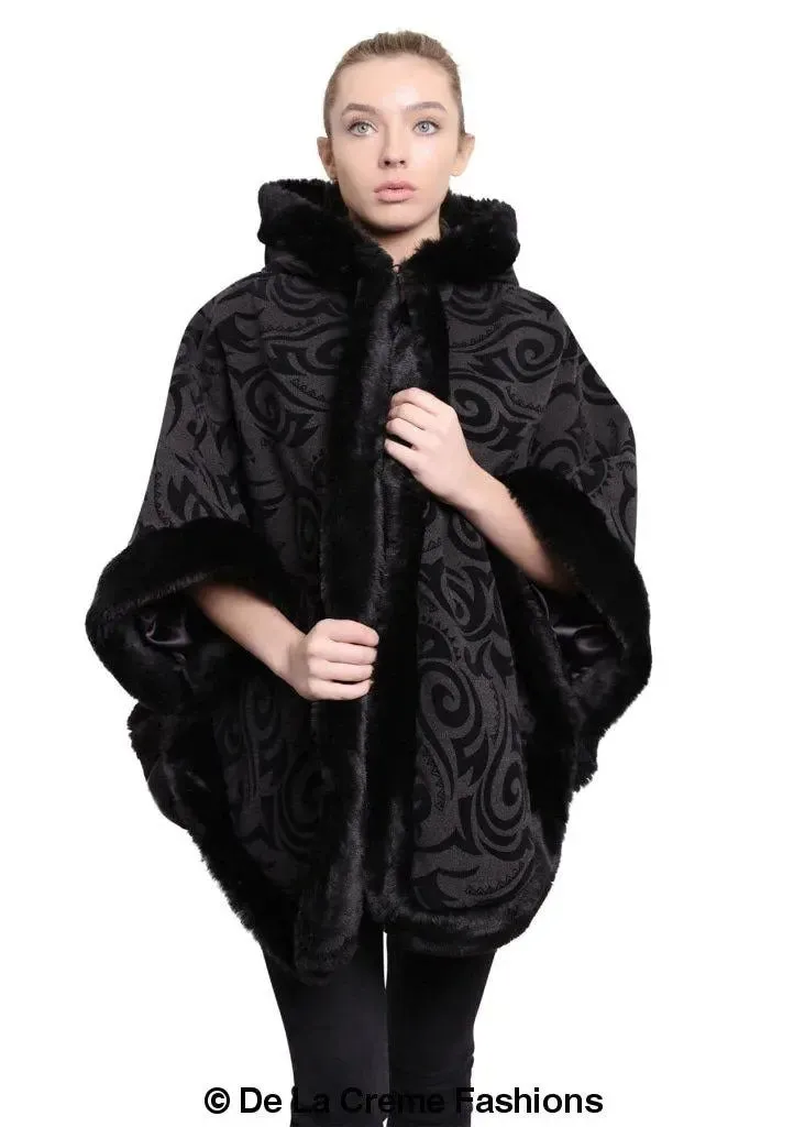 De La Creme - Women's Tribal Print Fur Lined Hooded Cape