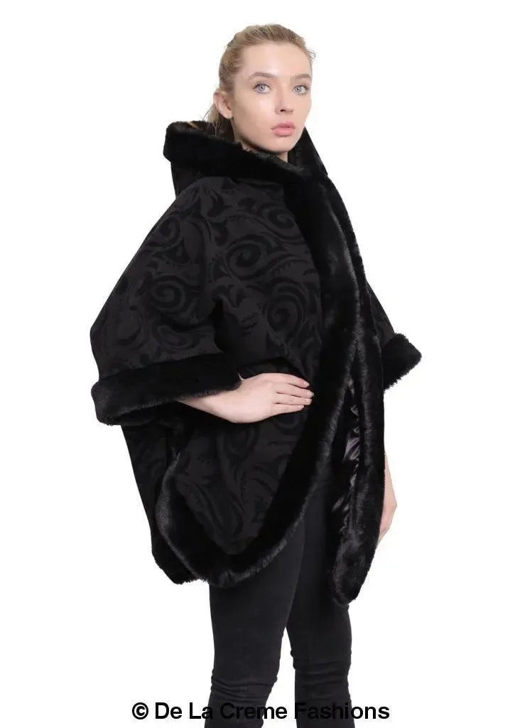 De La Creme - Women's Tribal Print Fur Lined Hooded Cape