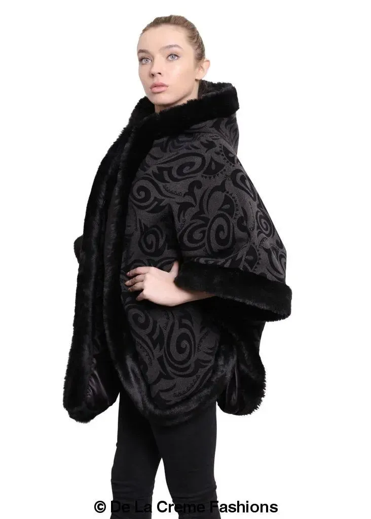 De La Creme - Women's Tribal Print Fur Lined Hooded Cape